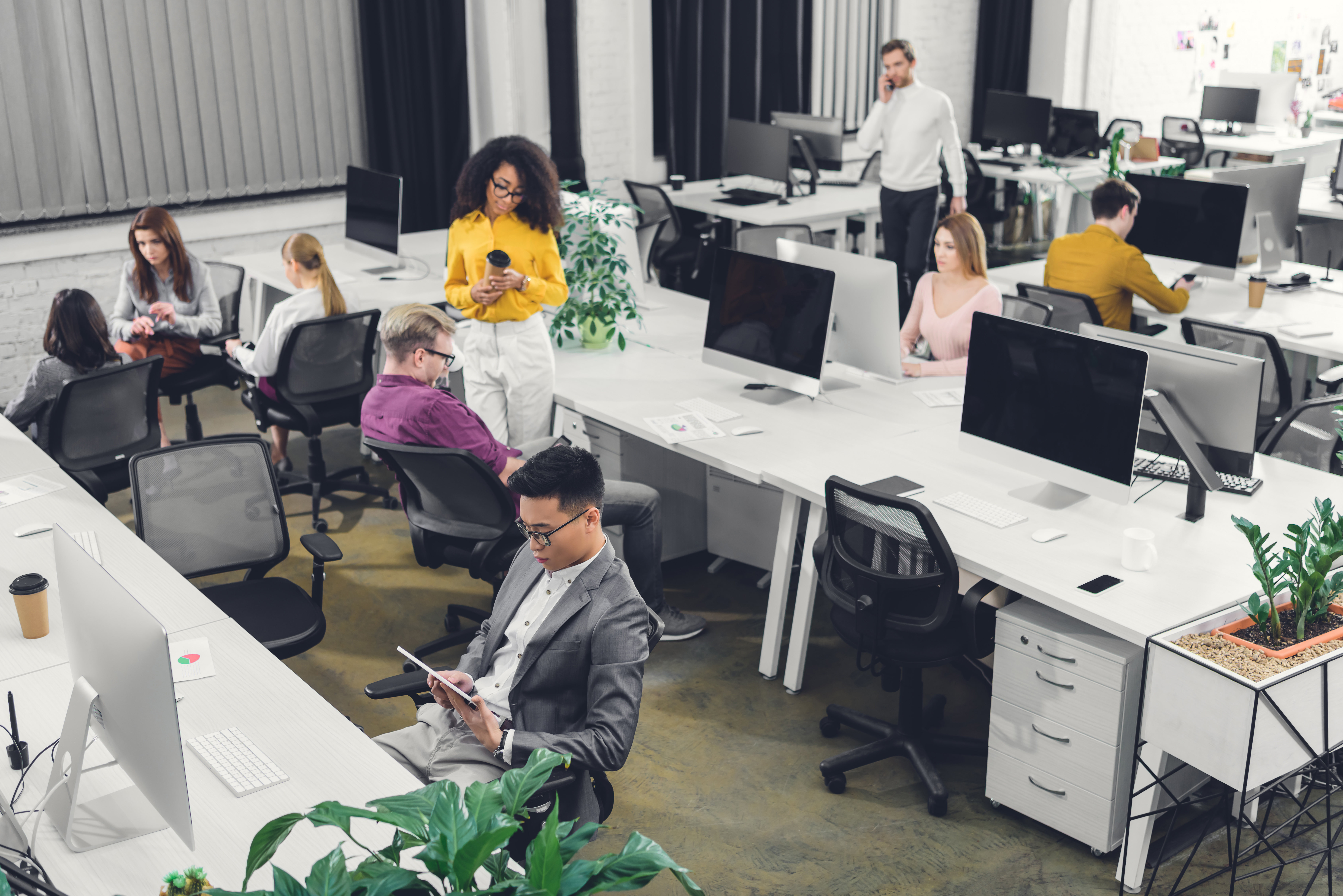 high angle view of a large office space with workers